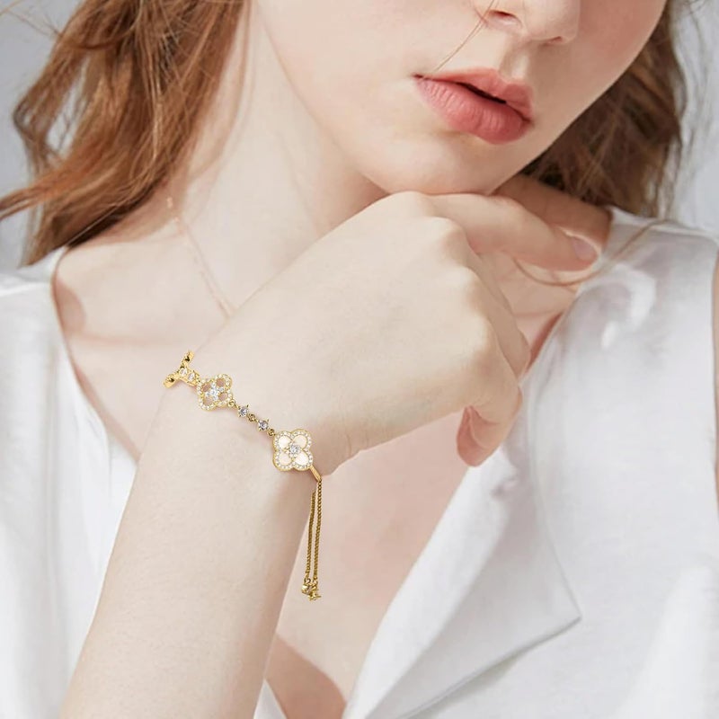 Sinebella Women's 18K Gold Plated Clover Bracelet with Natural Shell - Four Leaf Lucky Charm Dainty Link Bracelets Jewelry for Women, Trendy Birthday/Mother's Day Gift - Image 4